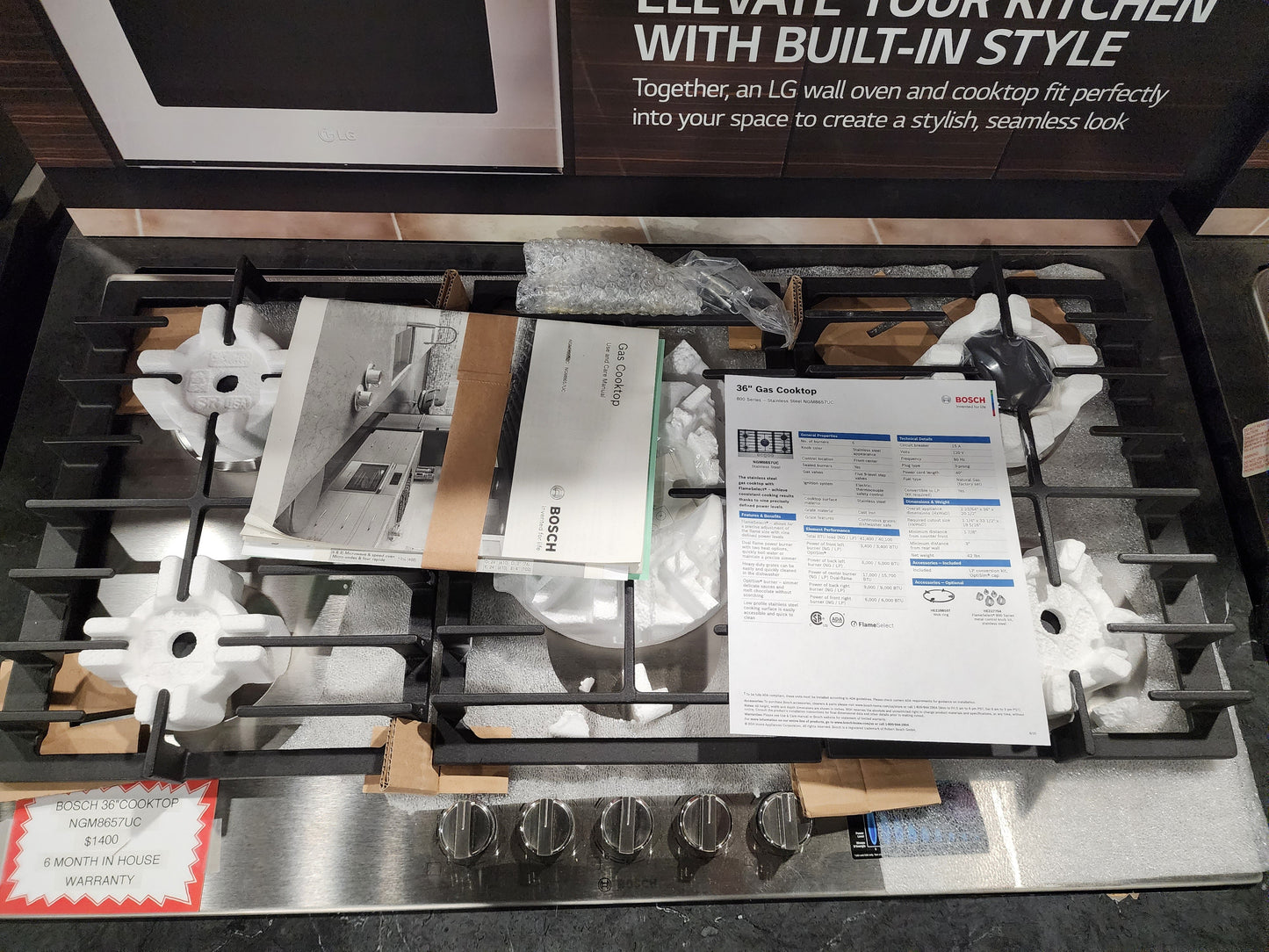 36" Bosch 800 Series Gas Cooktop Stainless Steel 5 Burner NGM8657UC