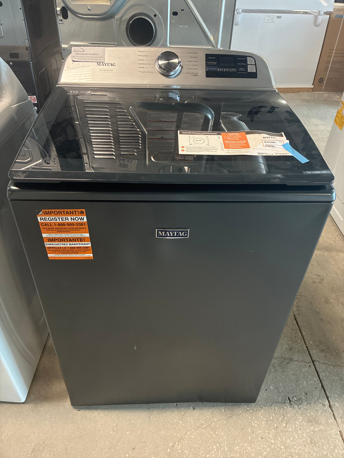 Maytag MTW7200RF 27 Inch Smart Pet Pro Top Load Washer with 5.3 cu ft. Capacity, 12 Wash Cycles, 5 Temperature Settings, Power? Impeller, Auto Sensing, and Clean Washer with Affresh? Cycle: Midnight Steel