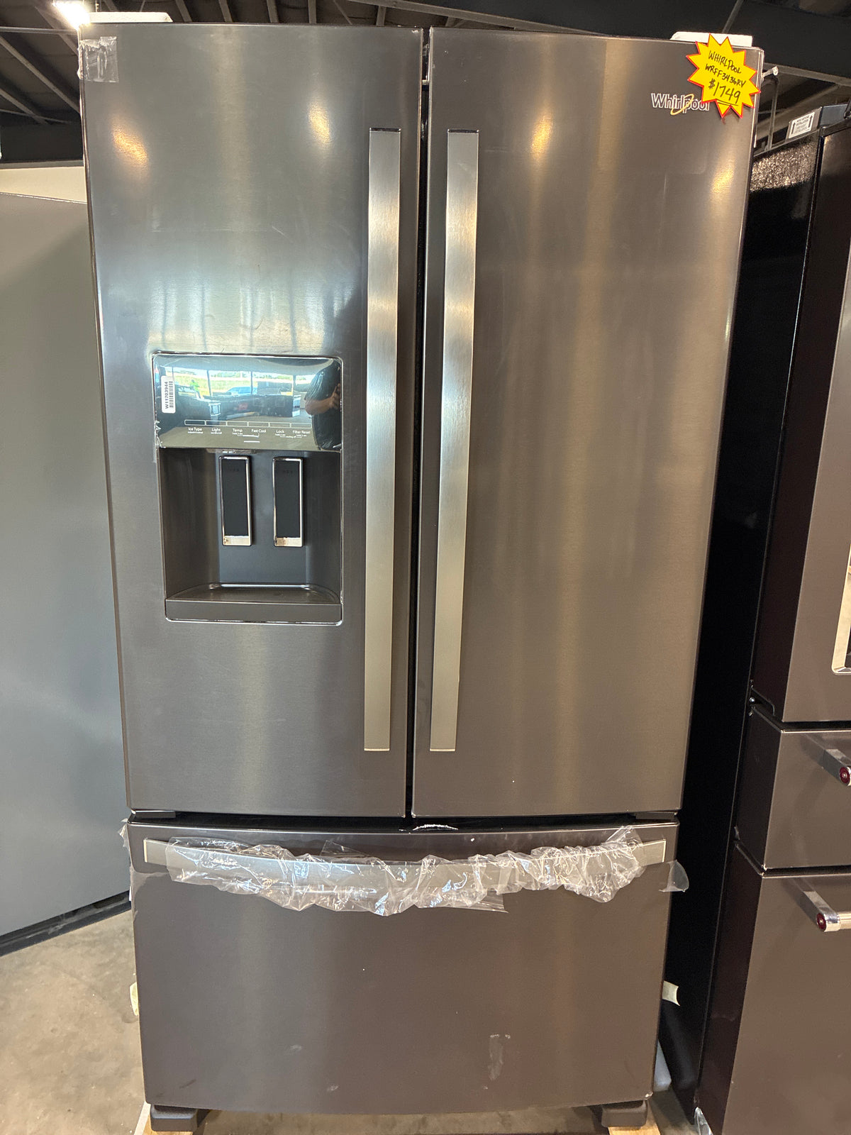 Whirlpool WRFF3436RV 36 Inch Freestanding French Door Refrigerator with 24.7 Cu. Ft. Capacity, 5 Glass Shelves, Gallon Door Bins, Deli Drawer, External Ice/Water Dispenser, Auto Icemaker, and ENERGY STAR®: Black Stainless Steel