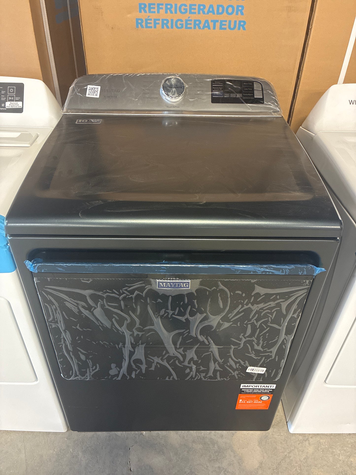 Maytag MED7205RF 27 Inch Electric Smart Top Load Dryer with 7.4 cu ft. Capacity, 13 Dryer Cycles, 5 Temperature Settings, Pet Pro Option, Heavy-Duty Hinges, and Sanitize Cycle: Midnight Steel