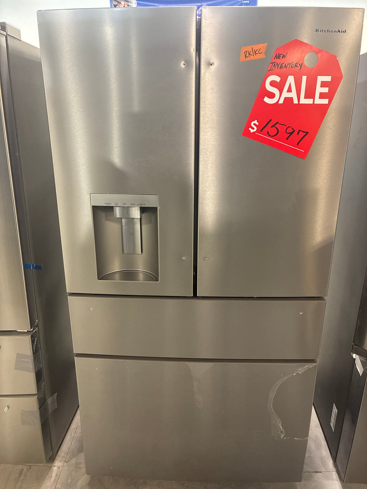 Kitchen Aid 36 in. 30 cu. ft. Standard Depth French Door Refrigerator in PrintShield Stainless with Exterior Water and Ice KRMF436SPS