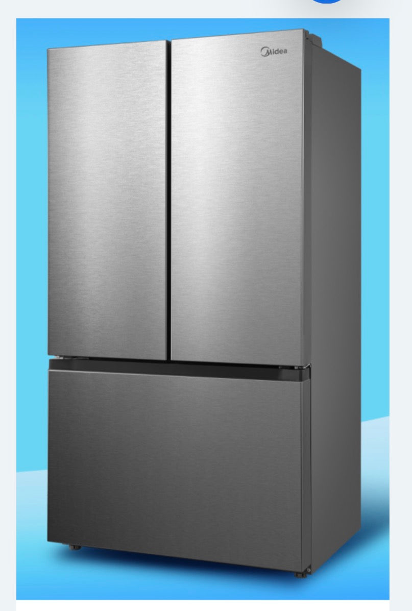 Midea 26.5 cu. ft. (marketed as 27) counter-depth French-door refrigerator in stainless steel. AutoFill water pitcher, internal water dispenser and dual ice makers. MRF27I6BST