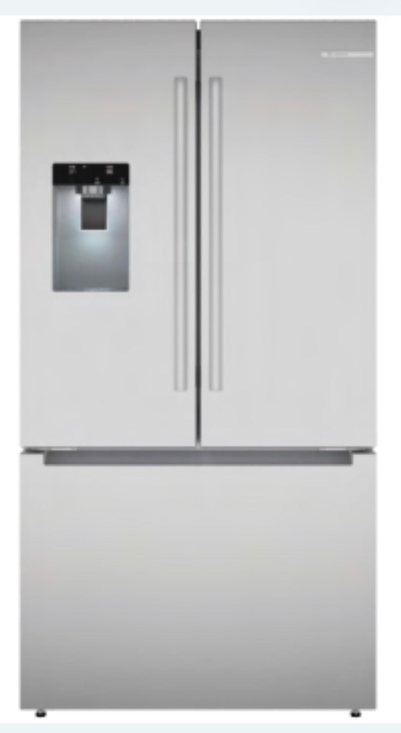 Bosch 26 cu. ft. 300 Series standard-depth French-door refrigerator in stainless steel.Exterior ice and water, Bottle Fill and QuickIce Pro ice maker B36FD31ENS
