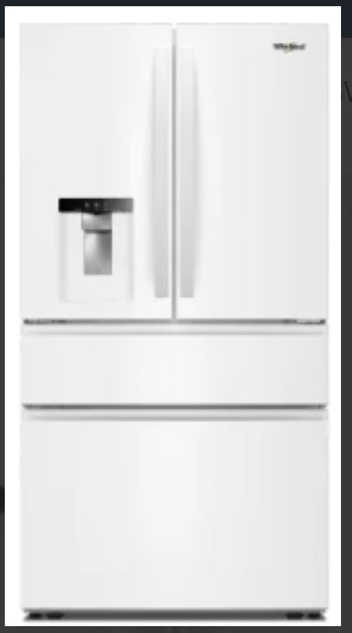 Whirlpool WRMF3636SW 36 Inch Freestanding 4-Door French Door Refrigerator with 29 cu. ft. Capacity, 4 Glass Shelves, Gallon Door Bins, Total Coverage Cooling, External Ice/Water Dispenser, ENERGY STAR®, and Star-K: White