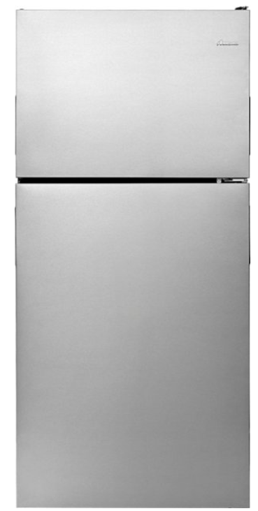 Three Amana top-freezer refrigerators in different colors: black, white, and stainless steel.