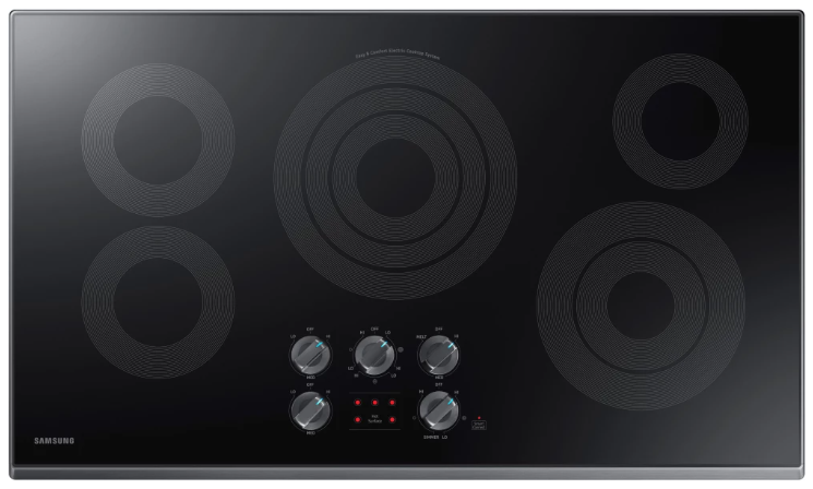 Samsung NZ36K6430RG/AA 36 Inch Electric Cooktop with 5 Radiant Heating Elements, Rapid Boil, Simmer/Melt Burners, Dishwasher Safe Blue LED-Illuminated Knobs, Wi-Fi Connectivity and Hot Surface Indicator Light: Black Stainless Steel Trim