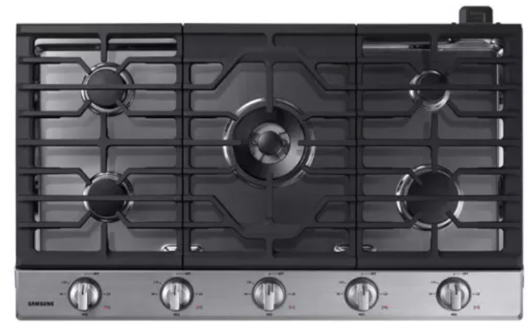 Samsung NA36N6555TS/AA 36 Inch Gas Smart Cooktop with 5 Sealed Burners, Cast-Iron Grates, 19K Power Burner, Removable Griddle, LED Illuminated Backlit Knobs, Ready2Fit™ Guarantee, and ADA Compliant: Stainless Steel