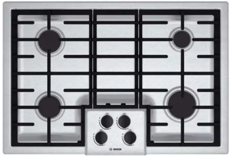 Bosch 500 Series NGM5055UC 31 Inch Gas Cooktop with 4 Sealed Burners, 16,000 BTU Burner, Cast Iron Continuous Grates, Heavy-Duty Metal Knobs, Centralized Controls and Low-Profile Design