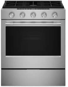 KitchenAid KSGS330SPS 30 Inch Slide-In Smart Gas Range with 5 Sealed Burners, 5.0 cu. ft. Oven Capacity, 2-in-1 Burner, Even-Heat™ True Convection, Rapid Boil, Continuous Cast-Iron Grates, Air Fry, LCD Glass Touch Controls, Sabbath Mode