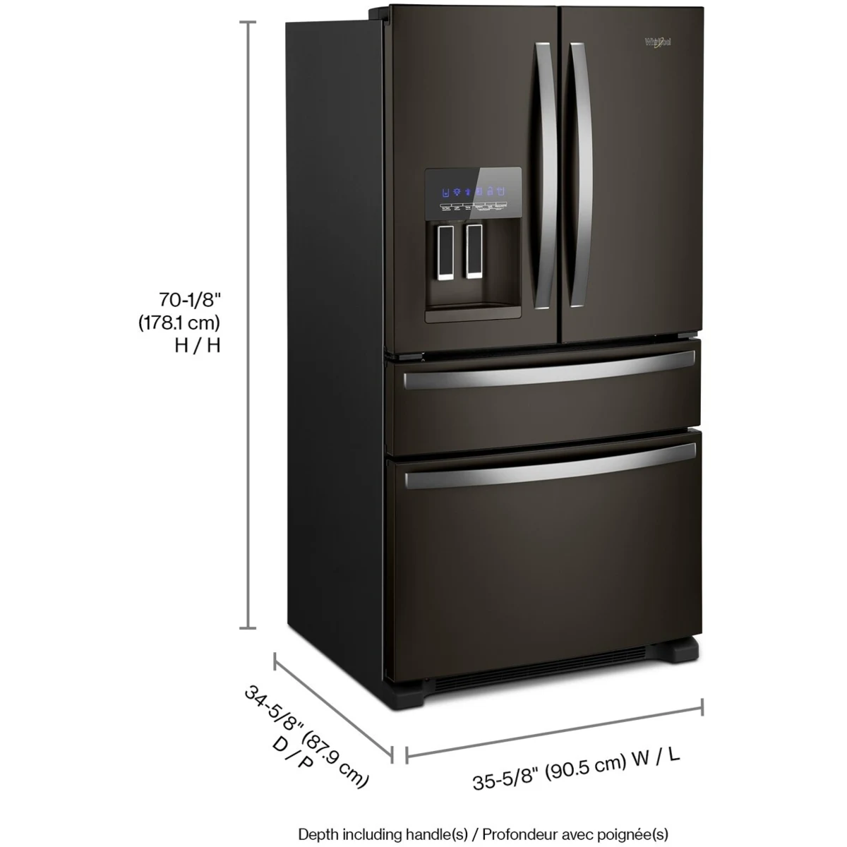 Whirlpool WRMF3636RV 36 Inch Freestanding 4-Door French Door Refrigerator with 24.5 Cu. Ft. Capacity, External Ice/Water Dispenser, Icemaker, and ENERGY STAR®: Fingerprint Resistant Black Stainless Steel