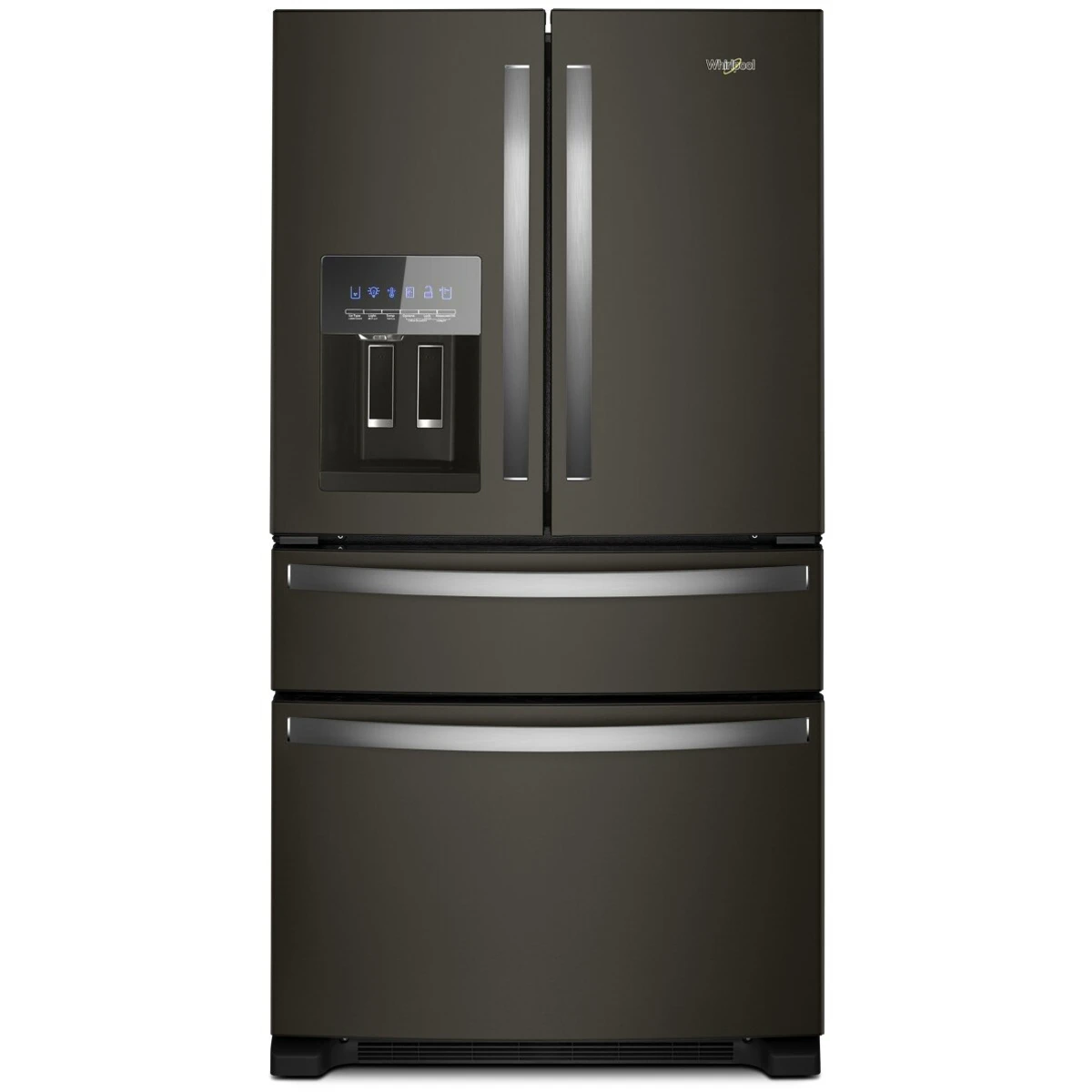 Whirlpool WRMF3636RV 36 Inch Freestanding 4-Door French Door Refrigerator with 24.5 Cu. Ft. Capacity, External Ice/Water Dispenser, Icemaker, and ENERGY STAR®: Fingerprint Resistant Black Stainless Steel