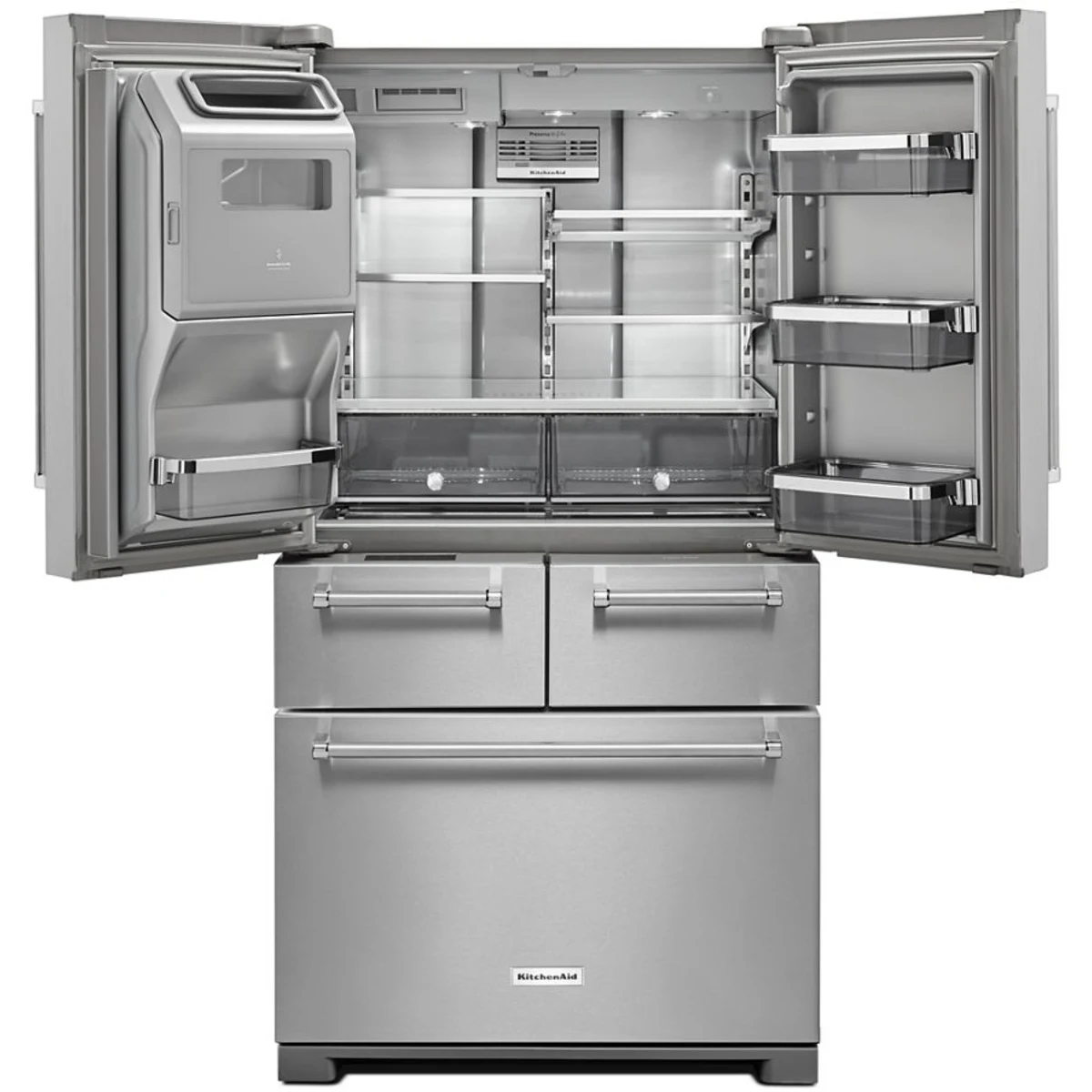 KitchenAid KRMF706ESS 36 Inch Freestanding 5-Door French Door Refrigerator with 25.8 cu. ft. Capacity. Exterior Ice/Water Dispenser: Stainless Steel