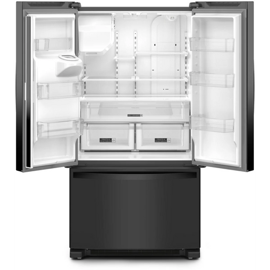 Whirlpool WRFF3436RB 36 Inch Freestanding French Door Refrigerator with 24.7 Cu. Ft. Capacity, 5 Glass Shelves, Gallon Door Bins, Deli Drawer, External Ice/Water Dispenser, Auto Icemaker, and ENERGY STAR®: Black