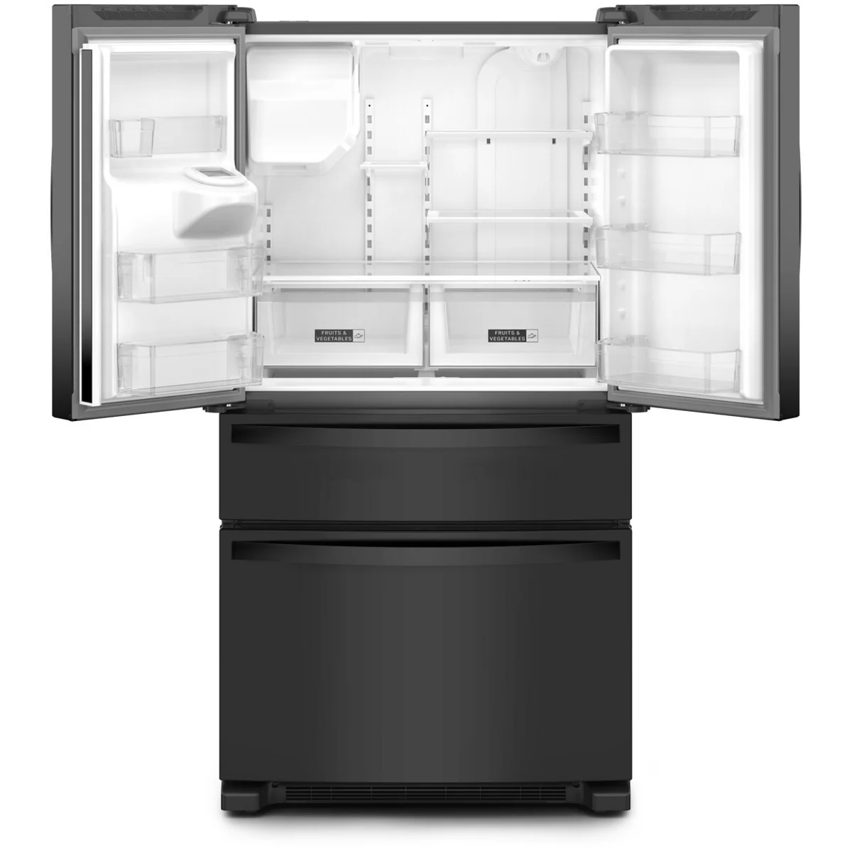 Whirlpool WRMF3636RB 36 Inch Freestanding 4-Door French Door Refrigerator with 24.5 Cu. Ft. Capacity. External Ice/Water Dispenser, Icemaker, and ENERGY STAR®: Black