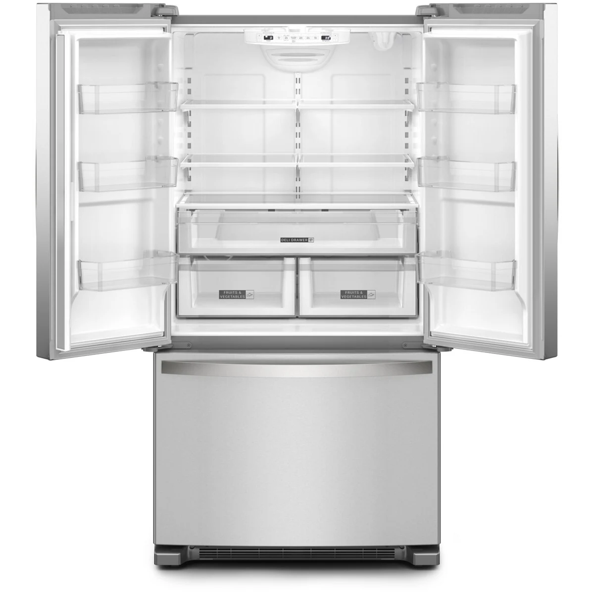 Whirlpool WRFF3036RZ 36 Inch Freestanding French Door Refrigerator with 25 Cu. Ft. Capacity, 4 Adjustable Shelves, Gallon Door Bins, Deli Drawer, Icemaker, and ENERGY STAR®: Fingerprint Resistant Stainless Steel