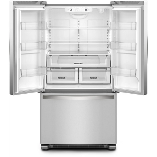 Whirlpool WRFF3036RZ 36 Inch Freestanding French Door Refrigerator with 25 Cu. Ft. Capacity, 4 Adjustable Shelves, Gallon Door Bins, Deli Drawer, Icemaker, and ENERGY STAR®: Fingerprint Resistant Stainless Steel