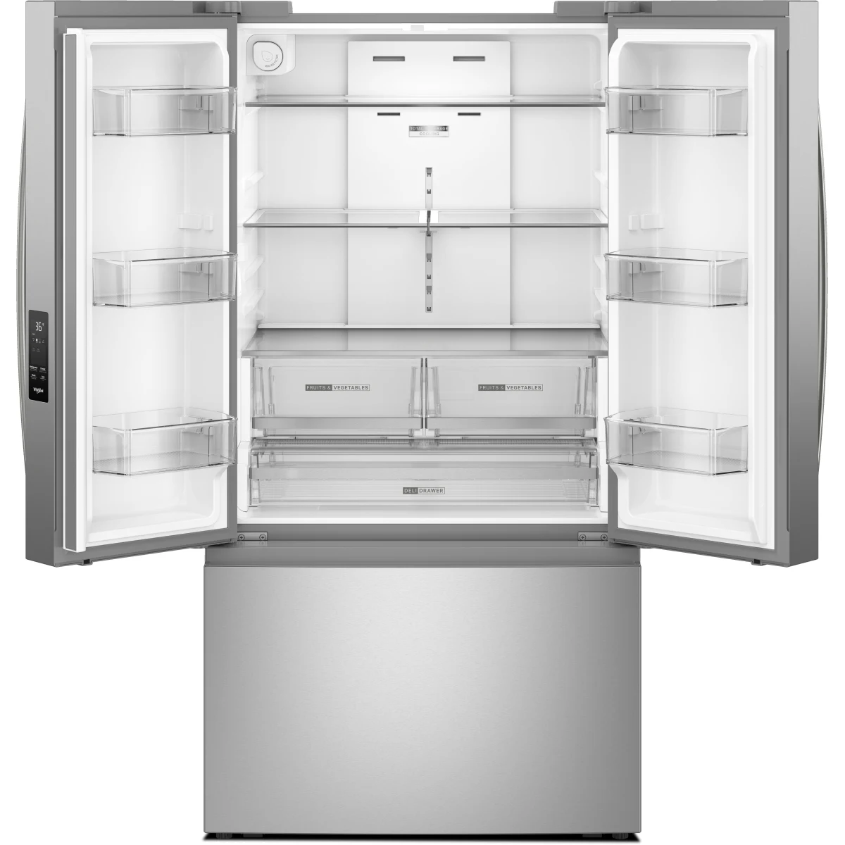 Whirlpool WRFF3336SZ 36 Inch Freestanding French Door Refrigerator with 31 cu. ft. Capacity, internal Water Dispenser, Ice Maker, ADA Compliant, and ENERGY STAR®: Stainless Steel
