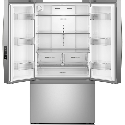 Whirlpool WRFF3336SZ 36 Inch Freestanding French Door Refrigerator with 31 cu. ft. Capacity, internal Water Dispenser, Ice Maker, ADA Compliant, and ENERGY STAR®: Stainless Steel