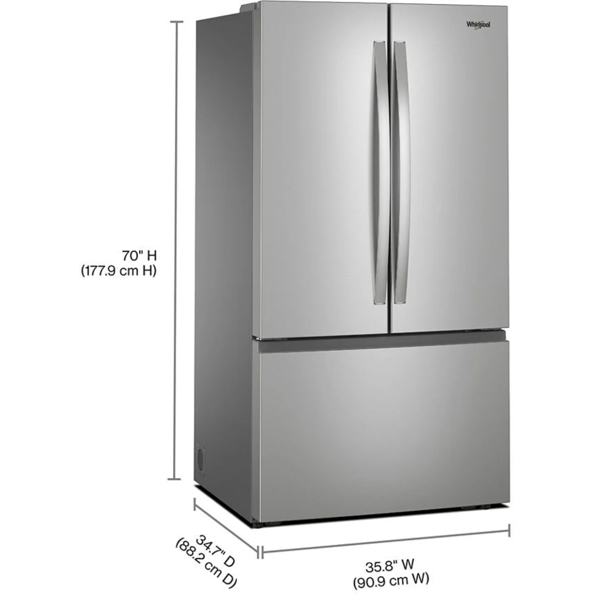 Whirlpool WRFF3336SZ 36 Inch Freestanding French Door Refrigerator with 31 cu. ft. Capacity, internal Water Dispenser, Ice Maker, ADA Compliant, and ENERGY STAR®: Stainless Steel