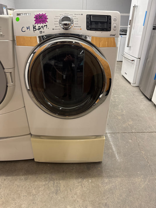 Samsung Refurbished 27" Gas Dryer with 7.5 cu. ft. Capacity, 13 Cycles, Steam Drying Technology, Sensor Dry, Stainless Steel Drum, Drying Rack W/ Pedastal DV520AGW