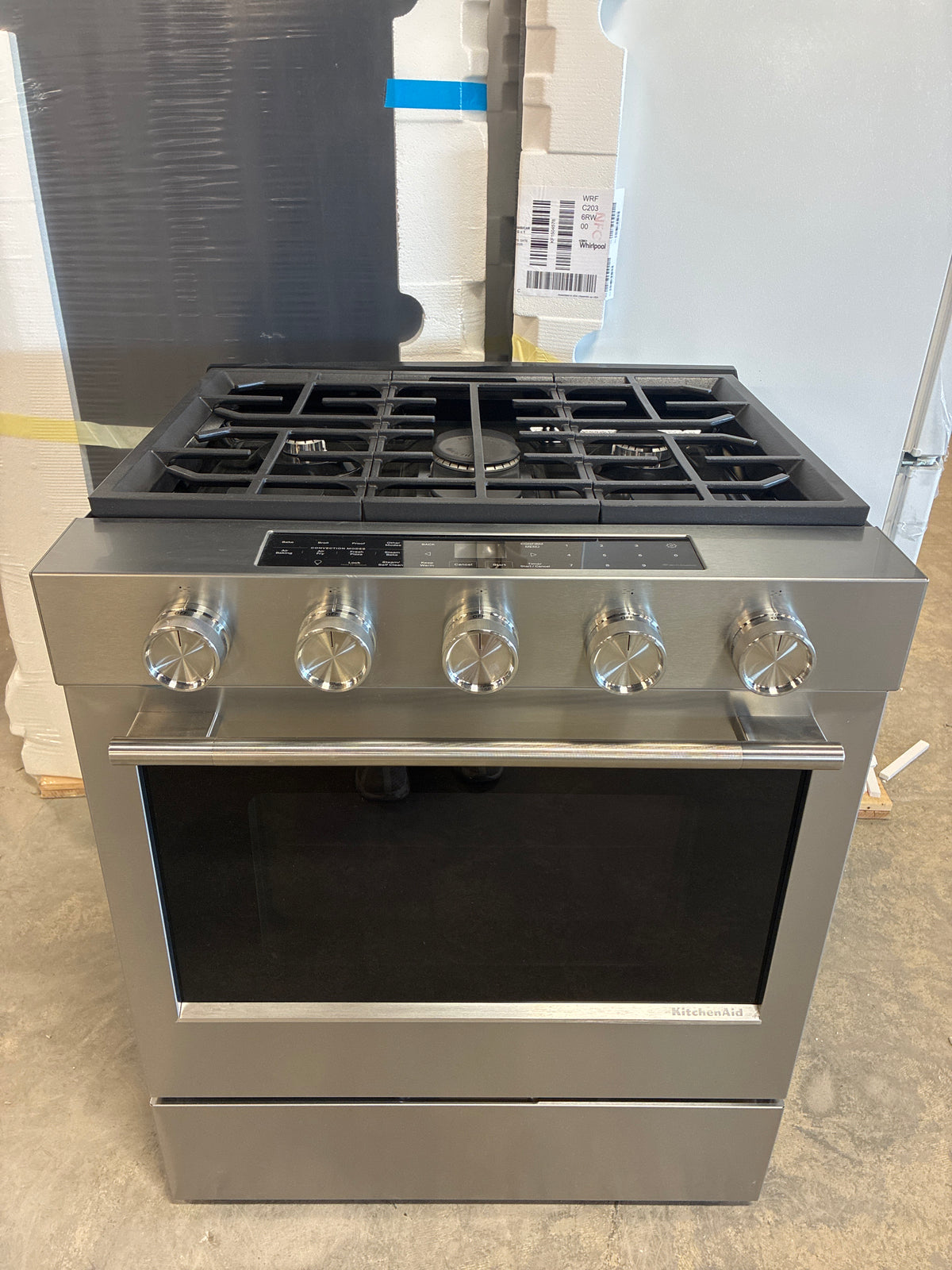 KitchenAid KSGS530SPS 30 Inch Slide-In Smart Gas Range with 5 Sealed Burners, 5.0 cu. ft. Oven Capacity, 2-in-1 Burner, Even-Heat™ True Convection, Rapid Boil, Continuous Cast-Iron Grates, Air Fry, LCD Glass Touch Controls, Sabbath Mode, ADA Compliant