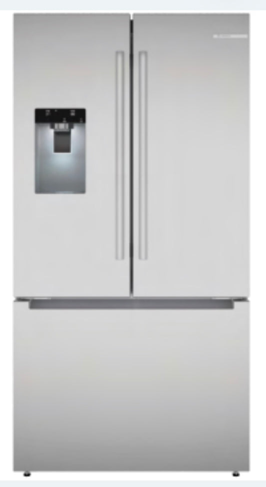 Bosch 26 cu. ft. 300 Series standard-depth French-door refrigerator in stainless steel.Exterior ice and water, Bottle Fill and QuickIce Pro ice maker B36FD31ENS