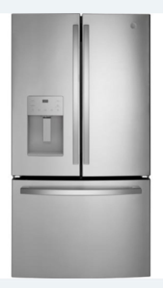 GE 25.7 cu. ft. standard-depth French-door refrigerator in fingerprint-resistant stainless steel. Exterior ice/water dispenser, factory ice maker and humidity-controlled drawers. GFE26JYMFS