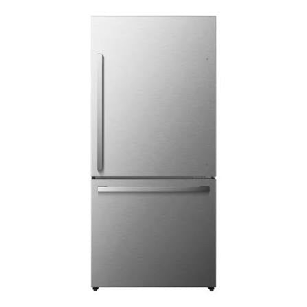 Hisense 17.2 cu. ft. counter-depth bottom-freezer refrigerator in stainless steel. Single refrigerator door, reversible swing, full-width freezer drawers and LED refrigerator lighting. HRB171N6ASE