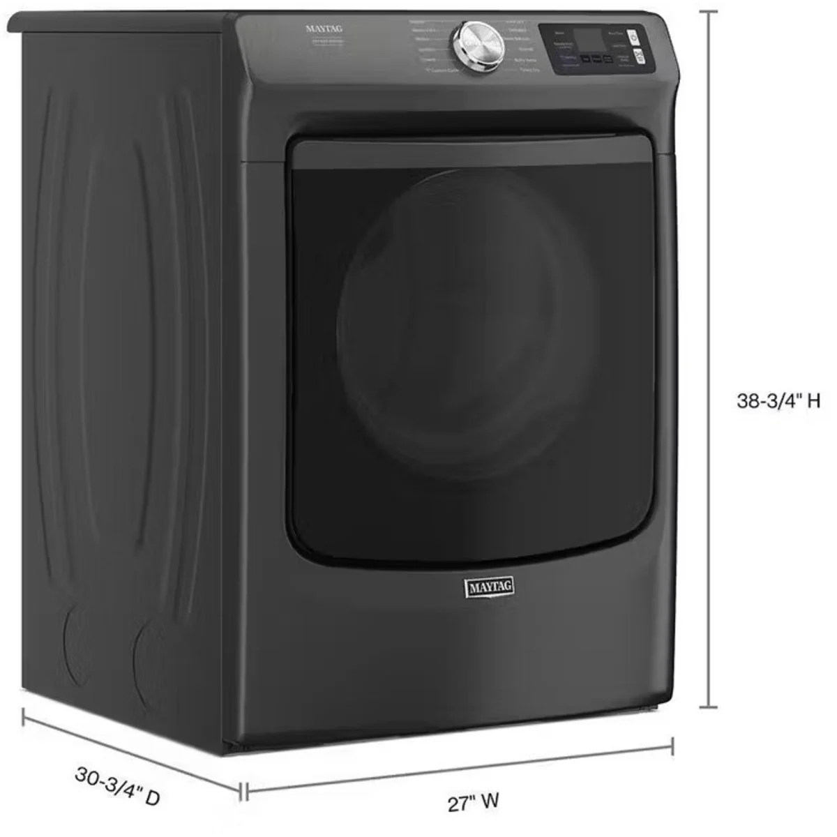 MED7020RU  Black dryer with dimensions labeled on a white background