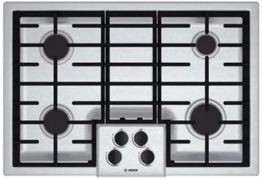 Bosch 500 Series NGM5055UC 31 Inch Gas Cooktop with 4 Sealed Burners, 16,000 BTU Burner, Cast Iron Continuous Grates, Heavy-Duty Metal Knobs, Centralized Controls and Low-Profile Design