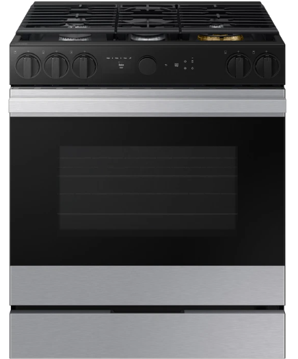 Samsung BESPOKE NSG6DG8500SR 30 Inch Slide-In Gas Smart Range with 5 Sealed Burners, 6.0 cu. ft. Convection+ Oven, 18K BTU Brass Burner, Non-stick Griddle, Storage Drawer, Air Fry, Self Clean, and ADA Compliant: Stainless Steel