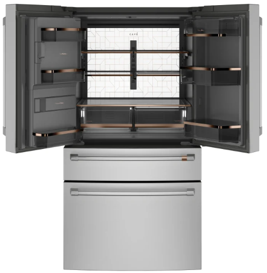 GE Cafe CVE28DP2NS1 36 Inch 4-Door French-Door Smart Refrigerator with 27.6 Cu. Ft. Capacity, TwinChill™, Convertible Drawer, LED Light Tower, Auto Fill, Humidity Control System, Enhanced Shabbos Mode Capable, and ENERGY STAR® Qualified