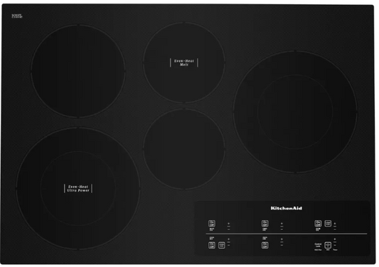 KitchenAid KCES950KBL 30 Inch Electric Cooktop with 5 Elements, Even-Heat™ Ultra Power™ Element, Ultra Power™ Double-Ring Round Element, Touch Activated Controls, Hot Surface Indicator, Simmer Setting, Melt Setting, and Control Lock: Black