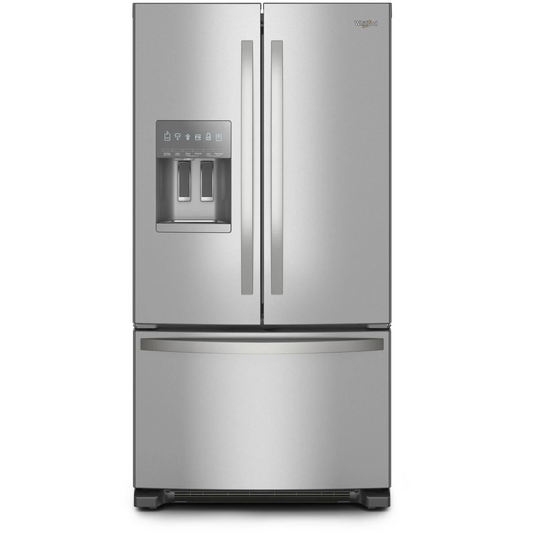 WRFF3436RZ/DD 36 Inch Freestanding French Door Refrigerator with 24.7 Cu. Ft. Capacity, 5 Glass Shelves, Gallon Door Bins, Deli Drawer, External Ice/Water Dispenser, Auto Icemaker, and ENERGY STAR®: Stainless Stee