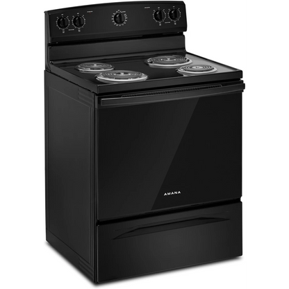 Amana ACR4203MNB 30 Inch Freestanding Electric Range with 4 Coil Elements, 4.8 cu. ft. Oven Capacity, SpillSaver™ Upswept Cooktop, Storage Drawer, and Temp Assure™ Cooking System: Black