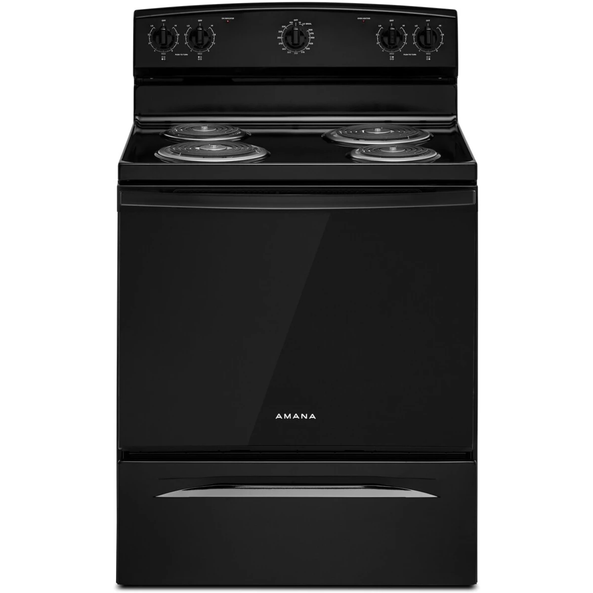 Amana ACR4203MNB 30 Inch Freestanding Electric Range with 4 Coil Elements, 4.8 cu. ft. Oven Capacity, SpillSaver™ Upswept Cooktop, Storage Drawer, and Temp Assure™ Cooking System: Black