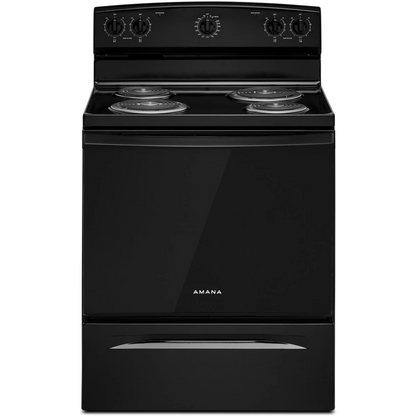 Amana ACR4203MNB 30 Inch Freestanding Electric Range with 4 Coil Elements, 4.8 cu. ft. Oven Capacity, SpillSaver™ Upswept Cooktop, Storage Drawer, and Temp Assure™ Cooking System: Black