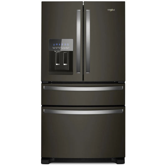 Whirlpool WRMF3636RV 36 Inch Freestanding 4-Door French Door Refrigerator with 24.5 Cu. Ft. Capacity, External Ice/Water Dispenser, Icemaker, and ENERGY STAR®: Fingerprint Resistant Black Stainless Steel