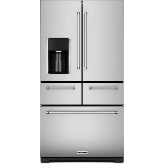 KitchenAid KRMF706ESS 36 Inch Freestanding 5-Door French Door Refrigerator with 25.8 cu. ft. Capacity. Exterior Ice/Water Dispenser: Stainless Steel
