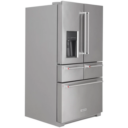 KitchenAid KRMF706ESS 36 Inch Freestanding 5-Door French Door Refrigerator with 25.8 cu. ft. Capacity. Exterior Ice/Water Dispenser: Stainless Steel