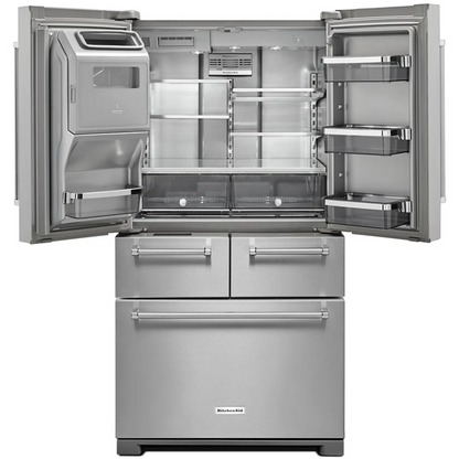 KitchenAid KRMF706ESS 36 Inch Freestanding 5-Door French Door Refrigerator with 25.8 cu. ft. Capacity. Exterior Ice/Water Dispenser: Stainless Steel
