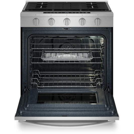 Whirlpool WSGS7530RZ 30 Inch Slide-In Gas Smart Range with 5 Sealed Burners, 5.0 cu. ft. Convection Oven, 18K BTU Burner, 12K BTU Oval Burner, Air Fry, and Self+Steam Clean: Stainless Steel