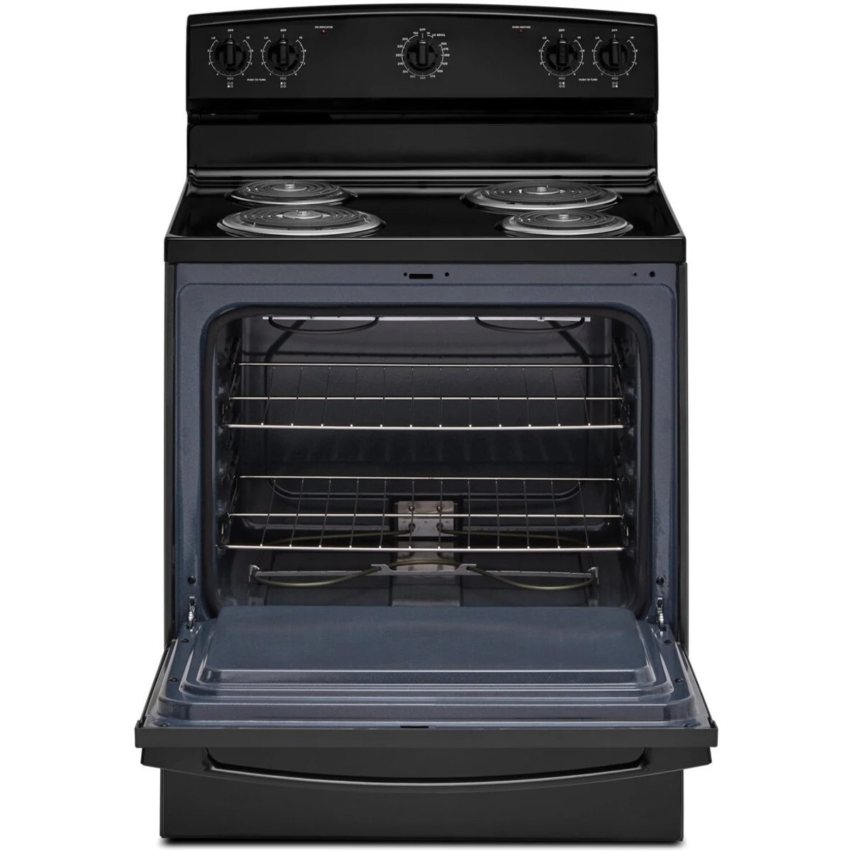 Amana ACR4203MNB 30 Inch Freestanding Electric Range with 4 Coil Elements, 4.8 cu. ft. Oven Capacity, SpillSaver™ Upswept Cooktop, Storage Drawer, and Temp Assure™ Cooking System: Black
