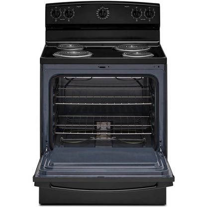 Amana ACR4203MNB 30 Inch Freestanding Electric Range with 4 Coil Elements, 4.8 cu. ft. Oven Capacity, SpillSaver™ Upswept Cooktop, Storage Drawer, and Temp Assure™ Cooking System: Black