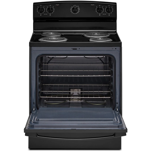 Amana ACR4203MNB 30 Inch Freestanding Electric Range with 4 Coil Elements, 4.8 cu. ft. Oven Capacity, SpillSaver™ Upswept Cooktop, Storage Drawer, and Temp Assure™ Cooking System: Black