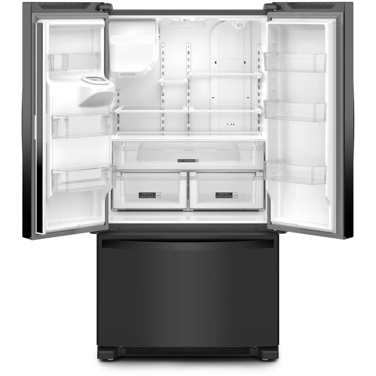 Whirlpool WRFF3436RB 36 Inch Freestanding French Door Refrigerator with 24.7 Cu. Ft. Capacity, 5 Glass Shelves, Gallon Door Bins, Deli Drawer, External Ice/Water Dispenser, Auto Icemaker, and ENERGY STAR®: Black