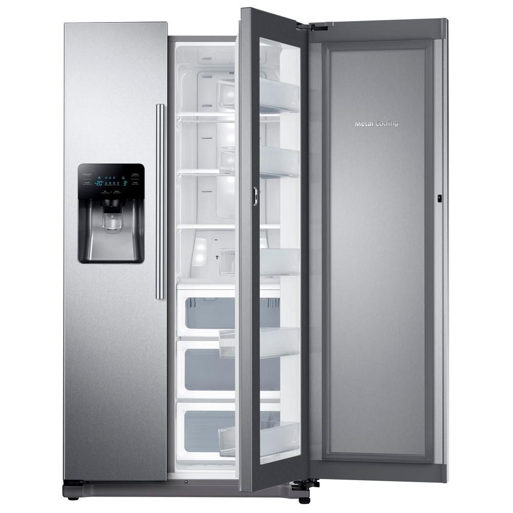 Samsung RS70H27SDR 36 Inch Freestanding Side by Side Refrigerator with 27 cu. ft. Total Capacity, Power Cool & Power Freeze, Sphere Ice™, Three Ice Types, Water and Ice Dispenser, AI Energy Mode, Garage Ready, Wi-Fi, ADA Compliant, and Energy Star Rated