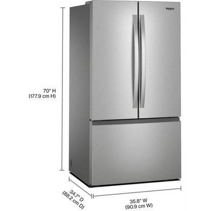 Whirlpool WRFF3336SZ 36 Inch Freestanding French Door Refrigerator with 31 cu. ft. Capacity, internal Water Dispenser, Ice Maker, ADA Compliant, and ENERGY STAR®: Stainless Steel